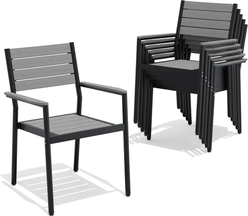 Miniatura 13 de Pellebant Juego de 2 sillas de comedor apilables para exteriores, sillas de patio de aluminio con brazos, para todo tipo de clima, para jardín, Negro