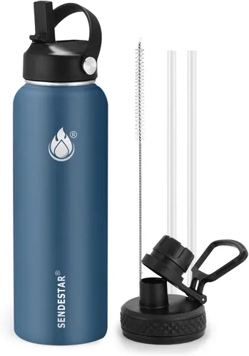 Miniatura 49 de SENDESTAR Botella de agua aislada de 24 onzas, boca ancha, botella de agua de 24 onzas con tapa con popote, tapa de boquilla, acero inoxidable