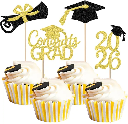 Miniatura 9 de Rsstarxi Paquete de 24 adornos para cupcakes de graduación 2026, con purpurina azul, para la clase de 2026, para diplomas, 24 piezas (6 diseños)