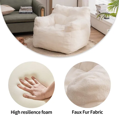 Miniatura 6 de Puf de espuma suave copetuda con tela de peluche para adultos y niños, cómodo sofá perezoso para sala de estar, dormitorio (marfil)