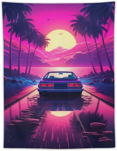 Miniatura 11 de QEOPGNE Synthwave - Tapiz morado para automóvil deportivo de anime, arte de pared de automóvil de carreras de neón, Vaporwave de neón, decoración