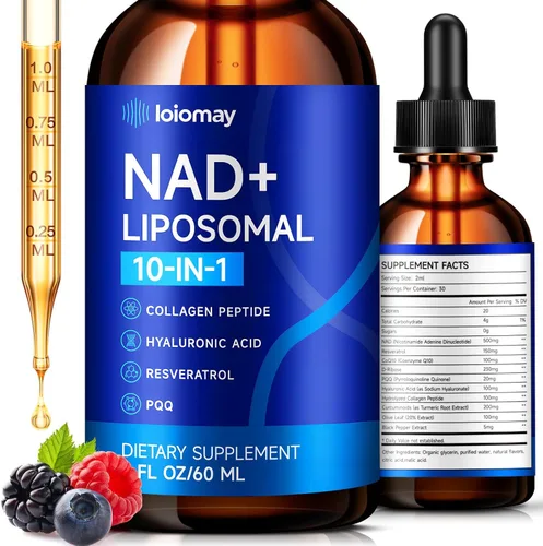 Suplemento líquido liposomal NAD – 1500 mg NAD+ gotas para mujeres y hombres con resveratrol y ribósido de nicotinamida, PQQ, colágeno y cúrcuma