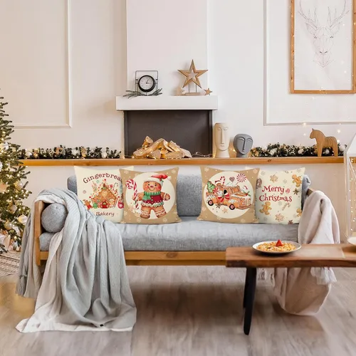 Miniatura 3 de Bonhause Fundas de Cojines Decorativos Navideñas de Pan de Jengibre 18x18 Pulgadas Hombre Casa Camión Panadería Navideña Almohadas Decorativas