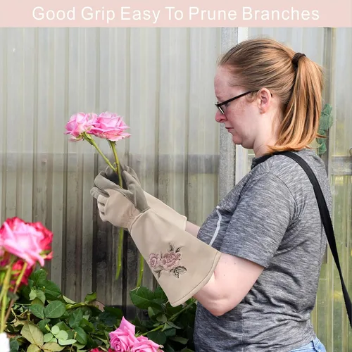 Miniatura 4 de Guantes largos de jardinería para mujer, guantes de poda de rosas duraderos, resistentes a las espinas, para desmalezar, plantar y excavar (1 par)