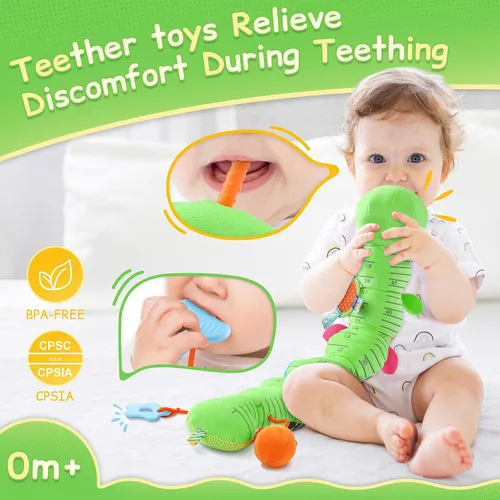 Miniatura 4 de Juguetes para Bebés Sensoriales Musicales Peluche de Animal para Infantes de 0-3-6-12 Meses Tiempo Boca Abajo Recién Nacido, Oruga de Felpa con Verde