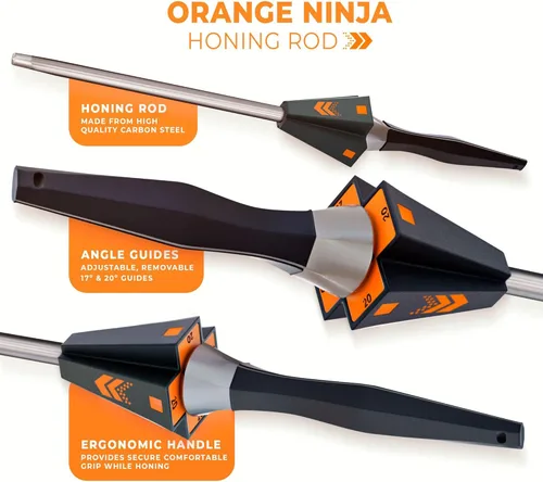 Miniatura 2 de Varilla de afilar cuchillos Ninja naranja de 10 pulgadas con guías de ángulo ajustables de 17° y 20°, afilador de acero de alta calidad