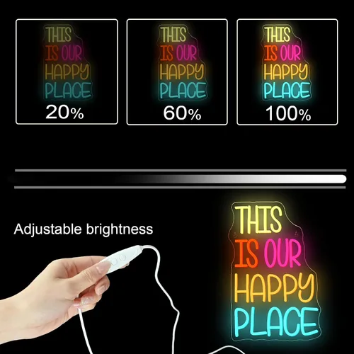 Miniatura 4 de NOSUN Letrero de neón con texto en inglés «This is Our Happy Place» para decoración de pared, letras coloridas y alegres, luces LED de neón con USB