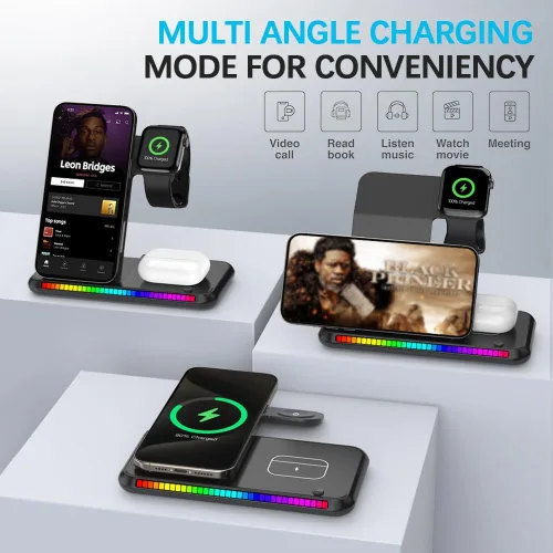 Miniatura 3 de IHAO Estación de carga inalámbrica plegable multifuncional 3 en 1 con luz nocturna LED ambiental, cargador rápido QC3.0 para teléfono, iWatch
