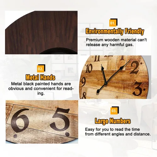 Miniatura 3 de Reloj de pared grande silencioso de 24 pulgadas, funciona con pilas, para cocina de granja, reloj de pared retro sin tictac con números grandes