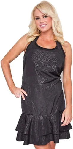 BeautyLove Bloom Delantal de salón con doble volantes, diseño de uñas, dos bolsillos grandes con cremallera, resistente al agua, color negro, flor