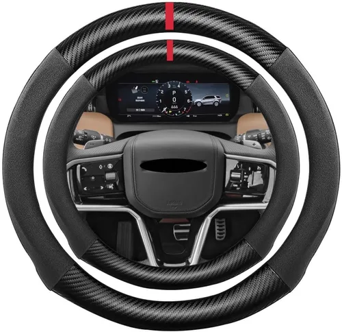 Miniatura 55 de Funda de volante de ante con fibra de carbono de K LAKEY, compatible con Porsche 718 Boxster Cayman 911 Panamera Macan Cayenne de 15 pulgadas, cuero