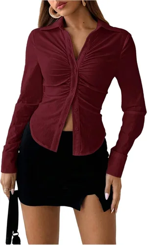 Miniatura 6 de SOLY HUX - Blusas de manga larga con botones y fruncidos para mujer, camisas de ajuste delgado, tops estéticos