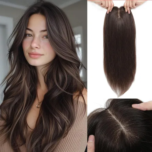 Miniatura 13 de Aimeolyn Toppers de cabello para mujer, cabello humano real, sin flequillo, extensiones de cabello superior para adelgazar, base de encaje Haisr