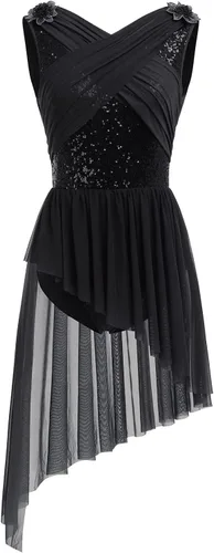 ODASDO Elegante vestido de baile lírico para mujer, manga casquillo, falda de tul asimétrica, leotardo, disfraz contemporáneo XS-XL