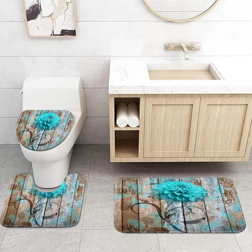 JAWO Alfombra de baño con flores y flores, color verde azulado sobre tablones de madera rústica, juego de tapetes de baño color azul turquesa y azul