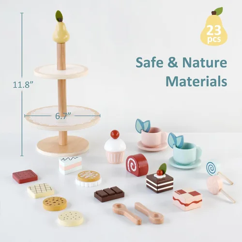 Miniatura 2 de PairPear Juego de Fiesta de Té con Soporte para Postres - Juguetes de Madera de Comida de Juego de Simulación y Accesorios de Cocina para Juego