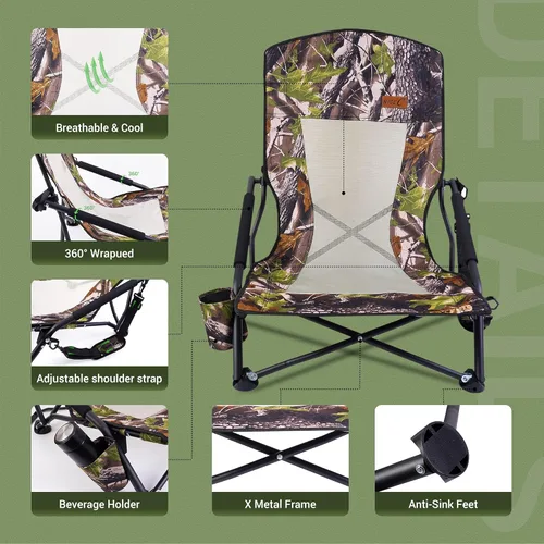 Miniatura 7 de Nice C Silla de caza, sillas bajas de campamento, silla de puntal de caza de pavo, mochila plegable con soporte para tazas y correa de transporte