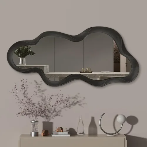 Miniatura 17 de Espejo de pared irregular de 30 x 14 pulgadas, espejo de pared con marco negro de madera asimétrico ondulado para sala de estar, dormitorio