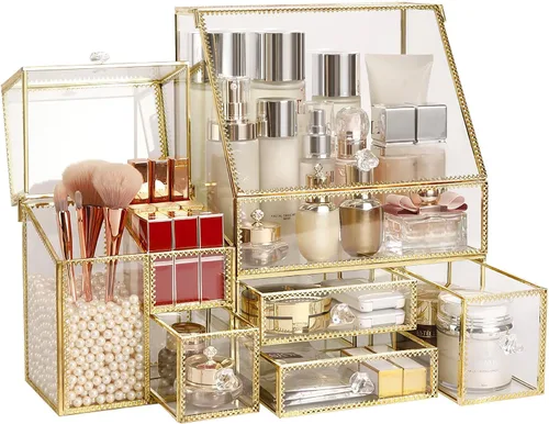 Organizador de maquillaje de vidrio grande con cajón, juego de almacenamiento de belleza, organizador de mostrador de baño, exhibición de cosméticos