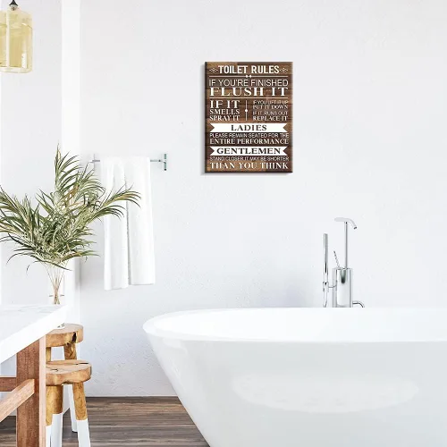 Miniatura 3 de Kas Home Lienzo decorativo para baño, rústico, divertido, reglas de inodoro, letreros enmarcados con fondo de madera, imagen de alta definición