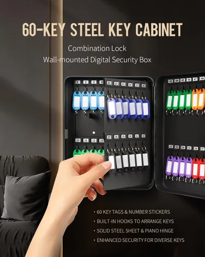 Miniatura 8 de Uniclife Gabinete de llaves de 60 posiciones con cerradura de combinación reiniciable, caja de almacenamiento de seguridad digital negra, Negro