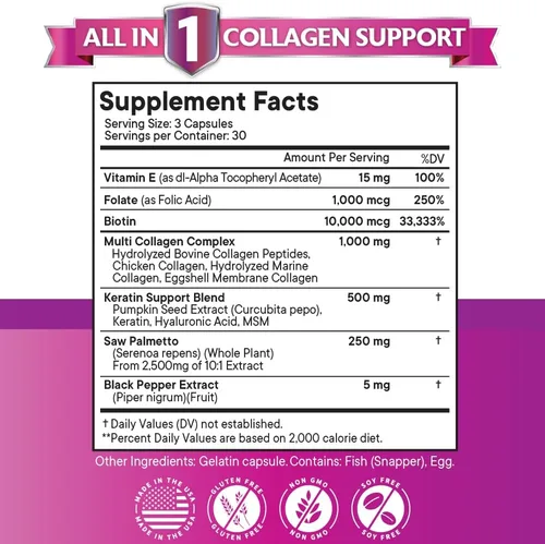 Miniatura 3 de NEW AGE Píldoras de Colágeno Biotina Queratina Saw Palmetto Ácido Hialurónico - Vitamina E Ácido Fólico Semilla de Calabaza MSM - 90