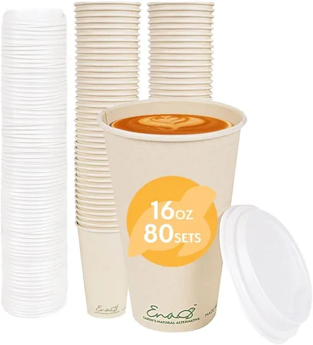 Miniatura 11 de Tazas de café desechables 100% compostables (paquete de 80 unidades de 12 onzas), tazas de papel hechas de bambú, ecológicas, biodegradables de alta