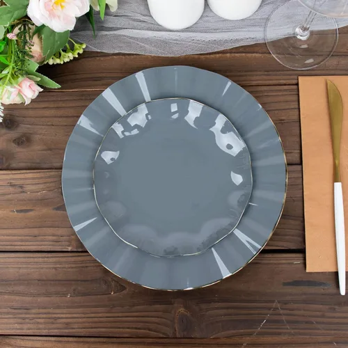Miniatura 142 de Tableclothsfactory Paquete de 10 platos redondos de plástico negro de 6 pulgadas para ensalada de postre, platos desechables con borde ondulado
