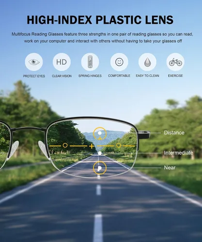 Miniatura 7 de Eyekepper Lentes de lectura progresivos con protección UV de medio borde, 3 niveles, multienfoque, para hombres y mujeres, marco de memoria flexible