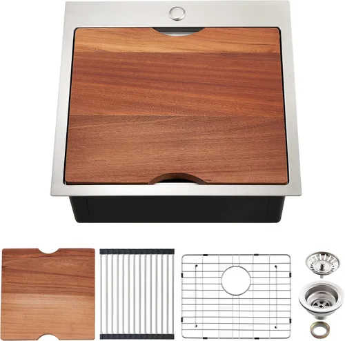 Miniatura 16 de Fregadero de cocina con plato individual con tabla de cortar, 30 x 22 x 10 pulgadas, color negro plomizo, acero inoxidable calibre 16 Negro