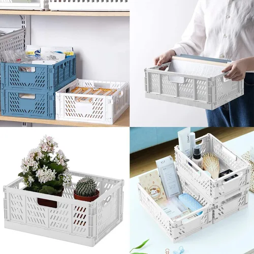 Miniatura 4 de Paquete de 4 cajas de almacenamiento plegables, organizador de cajones de plástico plegables, cesta de almacenamiento apilable para alimentos, Blanco