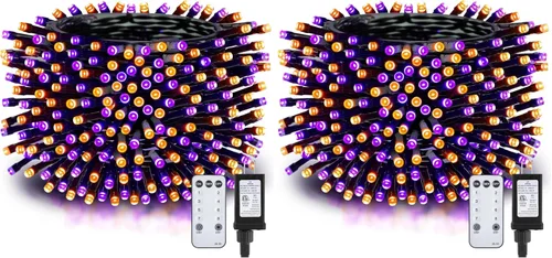 Miniatura 8 de Luces de Halloween moradas y naranjas de 66 pies para exteriores, 200 luces LED de Halloween con 8 modos, enchufable naranja morado colgante
