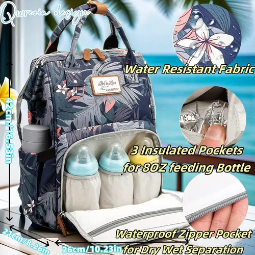 Miniatura 3 de Mochila floral para pañales con puerto de carga USB, correas para cochecito y bolsillo aislado, mochila de viaje para mujeres/madres