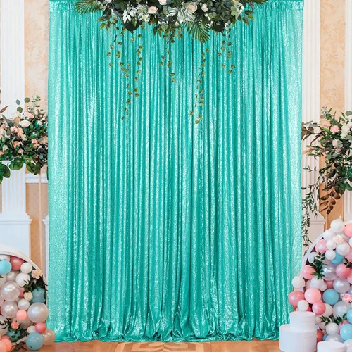 Miniatura 20 de ShinyBeauty Cortinas de lentejuelas 2 paneles de 2 x 8 pies, cortinas de fondo de fiesta verde azulado con purpurina para bodas, Navidad, Año Nuevo