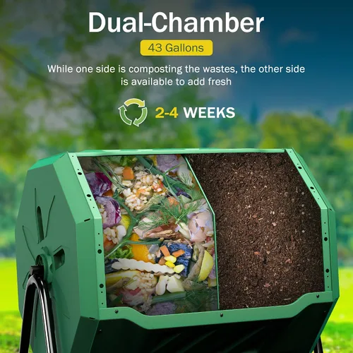 Miniatura 2 de Contenedor de compostaje de 43 galones, vaso de compostaje de doble cámara giratoria, cubo de basura al aire libre con marco de acero para jardín