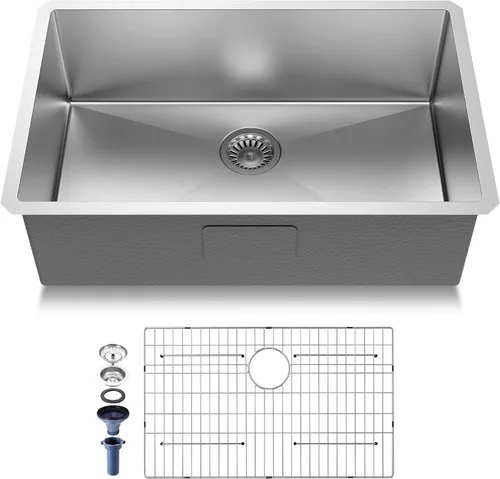 Fregadero de cocina de acero inoxidable S304 de calibre 16, 30 x 18 x 10 pulgadas, hecho a mano, moderno, con accesorios y fregaderos de cocina