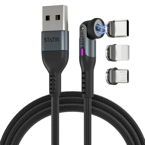 Statik Cable de Carga Magnético 360 - Cargador Tipo C 3 en 1 Cable USB C a USB C, Puntas Micro USB e iProduct, Adaptador USB A, Cable Cargador de