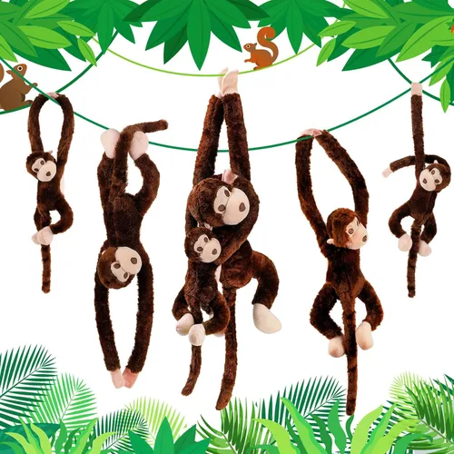 Miniatura 7 de Hungdao 6 paquetes de mono colgante de peluche de la selva con gancho y bucle, mono de peluche colgante para fiesta de la selva para VBS escuela