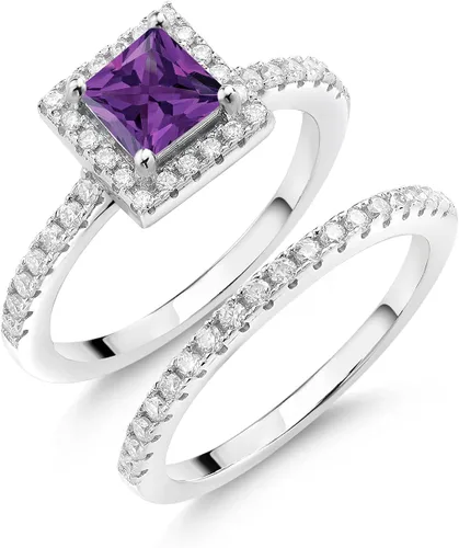 Miniatura 7 de 925 Sterling Silver Halo Bridal Ring Band Set for Women 5MM Princess Cut Gemstone Birthstone with Round White Moissanite Accents Wedding