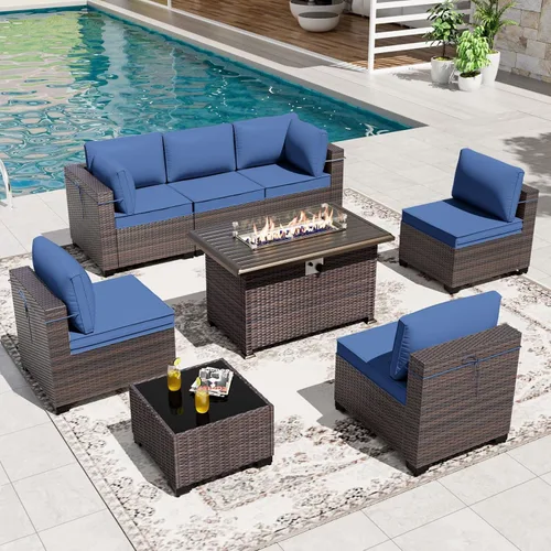 Miniatura 27 de Gotland Juego de muebles de patio de 8 piezas con mesa con fogón, muebles de ratán para exteriores para todo tipo de clima con respaldo alto de 2