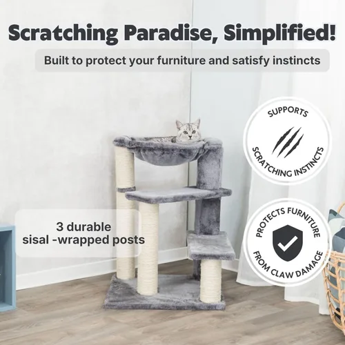 Miniatura 2 de TRIXIE Baza - Árbol para gatos mayores con hamaca y escalones, postes rascadores, parque infantil para gatos, gris, mediano