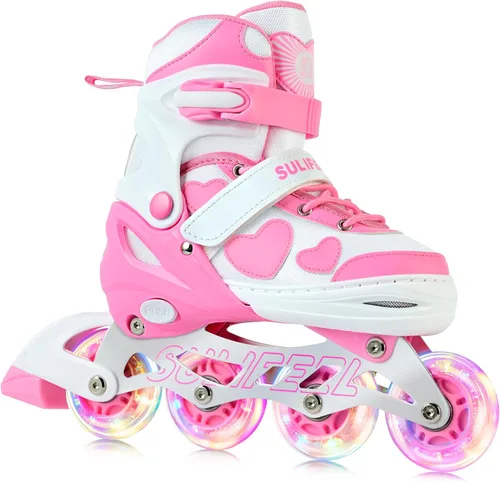 SULIFEEL Love Hearts - Patines en línea ajustables de 4 tamaños para niñas con pompones esponjosos, ruedas iluminadas de 3 a 12 años, regalo de Rosa