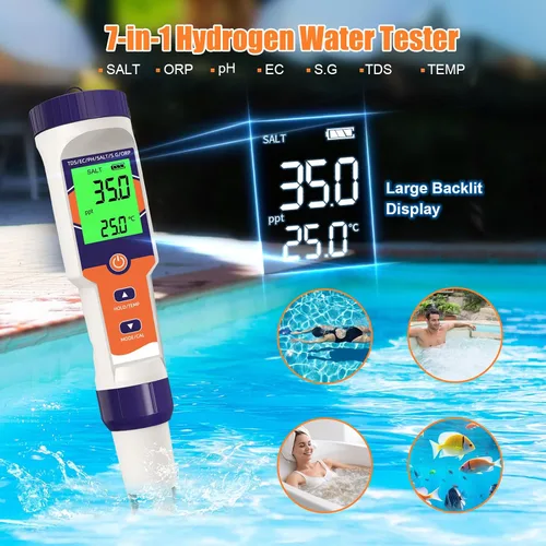 Miniatura 6 de Probador digital de sal de piscina 7 en 1 pH, ORP, salinidad, TDS, EC, medidor de temperatura para piscinas de agua salada, jacuzzis, spas