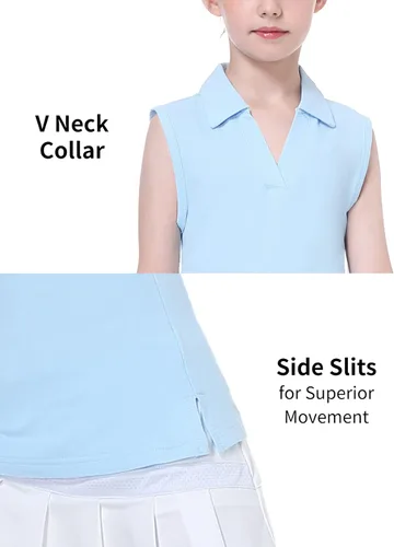 Miniatura 3 de EXARUS Camisetas polo de golf para niñas, sin mangas, cuello en V, tenis, atléticas, para ejercicio escolar de 5 a 12 años