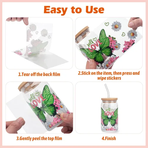 Miniatura 4 de Envolturas de vasos UV DTF para vasos de vidrio de 16 onzas, 10 hojas de transferencias frotables para manualidades, calcomanías adhesivas