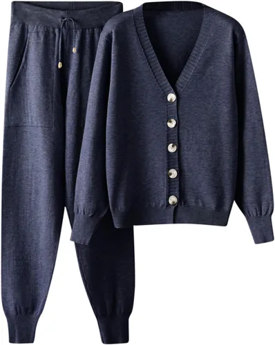 YAWOTS Conjunto de 2 piezas de suéter de punto para mujer, manga larga, parte superior suelta, cintura alta, pantalones de pierna ancha, trajes