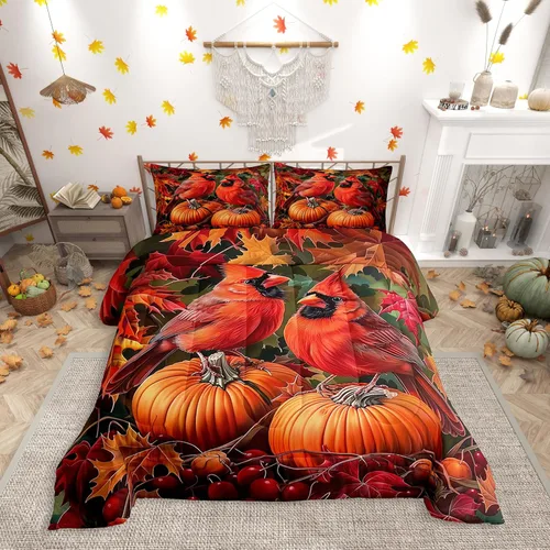 Miniatura 42 de Erosebridal Juego de edredón individual de pavo de Acción de Gracias, juego de ropa de cama de calabaza con hojas de otoño para niños y adultos