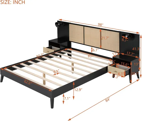 Miniatura 2 de Harper & Bright Designs Cama de plataforma tamaño Queen con 2 mesitas de noche y 2 lámparas, cama Queen de madera con cabecero, combinación de ratán