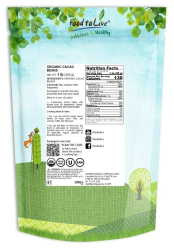 Miniatura 3 de Food to Live Granos de cacao orgánicos, 1 libra, sin OMG, keto, vegano, seco, a granel, rico en fibra dietética, cobre, manganeso, magnesio, zinc