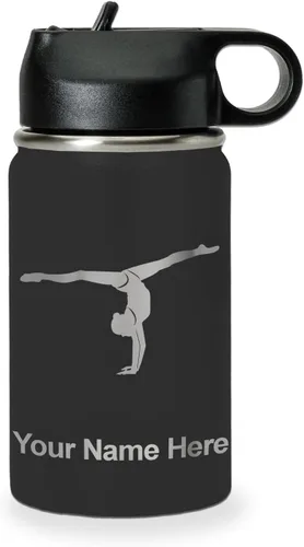 Miniatura 50 de LaserGram Botella de agua personalizada, gimnasta niña, acero inoxidable de doble pared aislada al vacío con popote superior, regalo grabado Azul